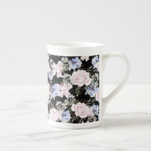 Taza De Porcelana Hermoso patrón floral rosas lirios rosa azul