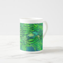 Taza De Porcelana Hojas de hierro, diseño floral, vegetación, azul y