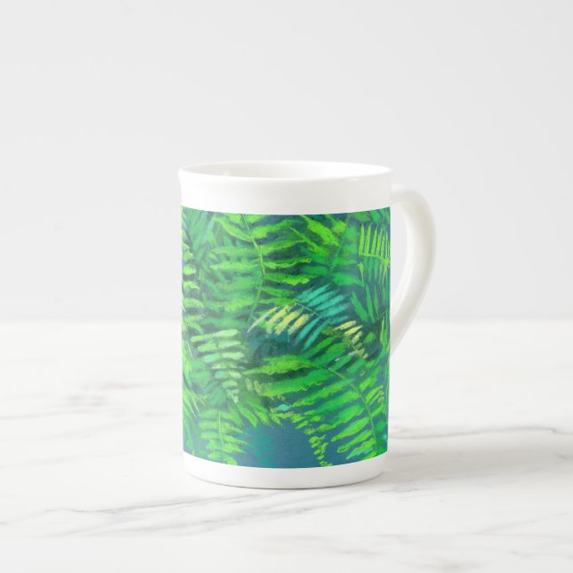 Taza De Porcelana Hojas de hierro, diseño floral, vegetación, azul y (Derecha)