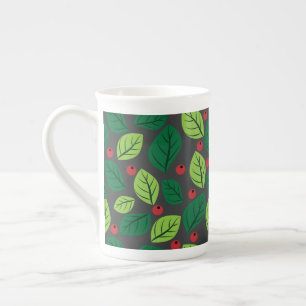 Taza De Porcelana Hojas Verdes, Bayas Rojas, Patrón De Hojas