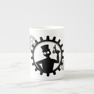 Taza De Porcelana Hombre De Steampunk Sostiene Un Arma En El Arco