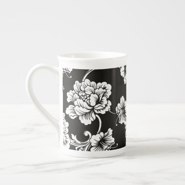 Taza De Porcelana Hueso China Mug-Floral blanca y negra (Izquierda)