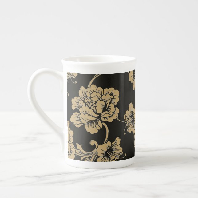 Taza De Porcelana Hueso China Mug-Floral negra (Izquierda)
