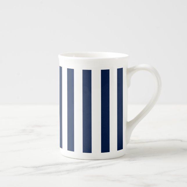 Taza De Porcelana Hueso de China Mug-Navy franjas blancas (Derecha)