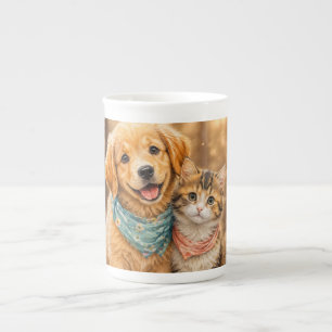 Taza De Porcelana Ilustración caprichosa de mascotas y naturaleza ad