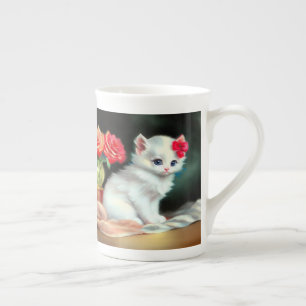 Taza De Porcelana Ilustracion de gatito blanco con flores rojas