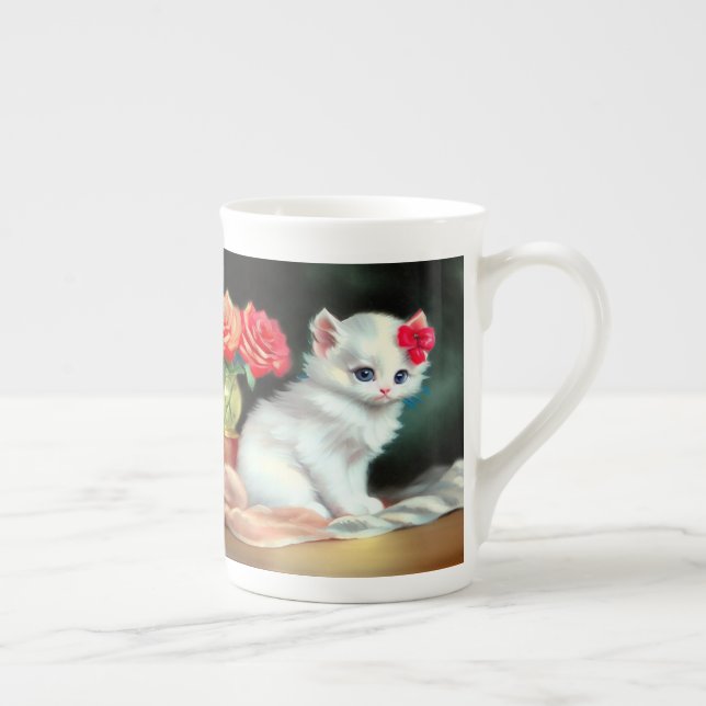 Taza De Porcelana Ilustracion de gatito blanco con flores rojas (Derecha)