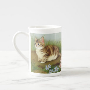 Taza De Porcelana Ilustracion de gatito vintage con flores