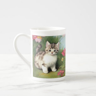 Taza De Porcelana Ilustracion de gato vintage con flores rojas