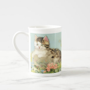 Taza De Porcelana Ilustracion de gato vintage con flores rosas