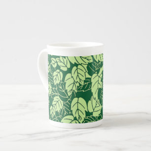Taza De Porcelana Impresión de hojas japonesas, verde esmeralda y li
