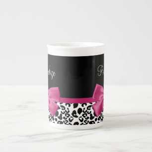 Taza De Porcelana Impresión de Leopardo de cinta rosa oscuro con nom