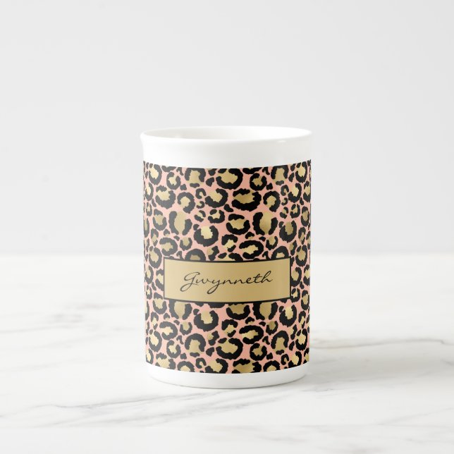Taza De Porcelana Impresión de Leopardo Negro Oro Peach con tu nombr (Frente)