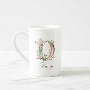 Taza De Porcelana Inicial D Floral Dorada Personalizada
