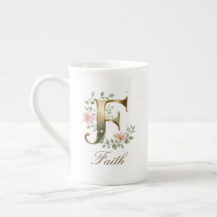 Taza De Porcelana Inicial F Floral Dorada Personalizada