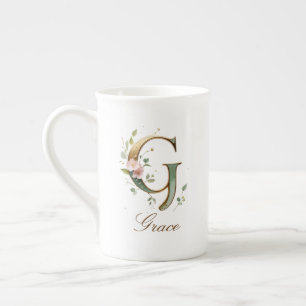 Taza De Porcelana Inicial G Floral Dorada Personalizada