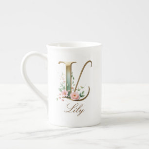 Taza De Porcelana Inicial L Floral Dorada Personalizada