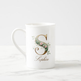Taza De Porcelana Inicial S Floral Dorada Personalizada