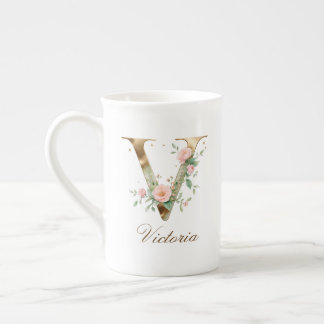 Taza De Porcelana Inicial V Floral Dorada Personalizada