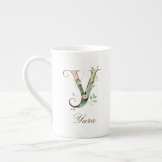 Taza De Porcelana Inicial Y Floral Dorada Personalizada
