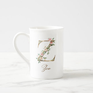 Taza De Porcelana Inicial Z Floral Dorada Personalizada
