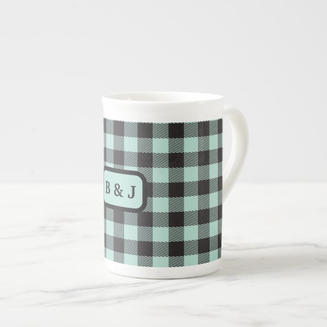 Taza De Porcelana Iniciales Monogramas de Mint & Black Buffalo Plaid (Derecha)