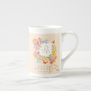 Taza De Porcelana Jardín Romántico Florido Monograma Beige