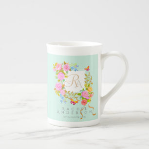 Taza De Porcelana Jardín Romántico Florido Monograma Verde