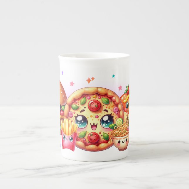 Taza De Porcelana Kawaii Happy Food Cute Burger, Pizza y Hotdog (Frente)
