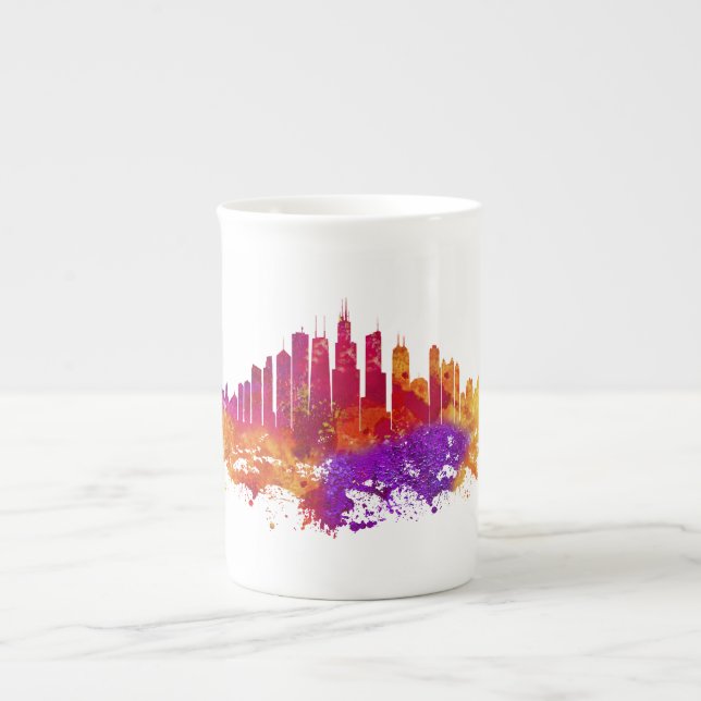 Taza De Porcelana La acuarela del Skyline de Chicago en blanco (Frente)