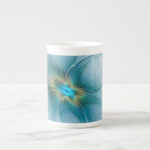 Taza De Porcelana La pequeña flor fractal azul moderna belleza dorad
