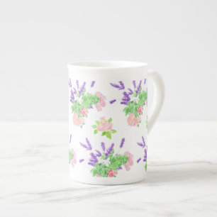 Taza De Porcelana Lavanda, Rosas y patrón Philadelphus en blanco