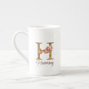 Taza De Porcelana Letra de nombre personalizado H Lámina de oro Rosa