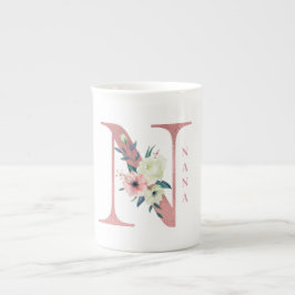 Taza De Porcelana Letra nana flor N Shimmer Purpurina rosado