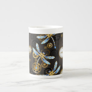 Taza De Porcelana Libélulas Steampunk sobre fondo marrón rayado