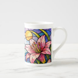 Taza De Porcelana Lirios y Libélulas de Vidrio Teñido Rosa