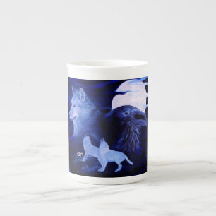 Taza De Porcelana Lobos y Raven con luna llena