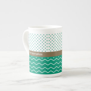 Taza De Porcelana Lunares elegantes de Chevron del verde esmeralda y