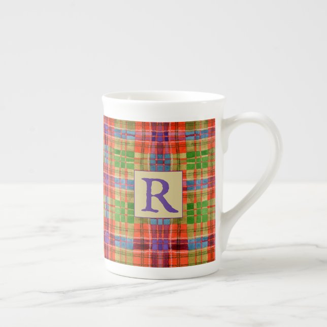 Taza De Porcelana MAC RAE TARTAN Hueso China Mug + Inicial (Derecha)