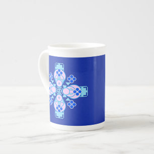 Taza De Porcelana Mandala de cuatro puntos: orquídea, azul y cobalto