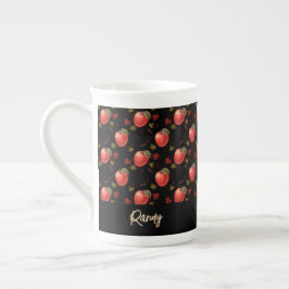 Taza De Porcelana Manzanas rojas y hojas en negro
