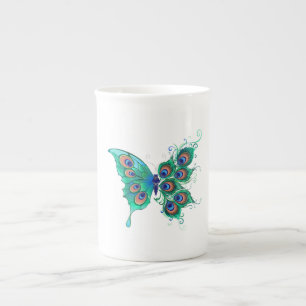 Taza De Porcelana Mariposa con plumas de pavo real verde