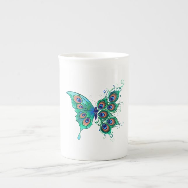 Taza De Porcelana Mariposa con plumas de pavo real verde (Frente)