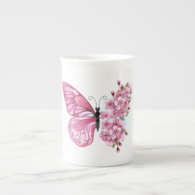 Taza De Porcelana Mariposa de flores con Sakura rosa (Frente)