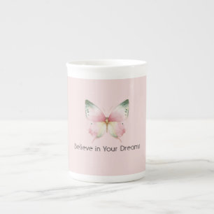 Taza De Porcelana Mariposa Verde Rosa Blanca Menta