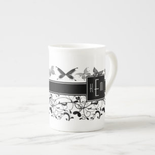 Taza De Porcelana Mariposa victoriana floreciente blanco negro