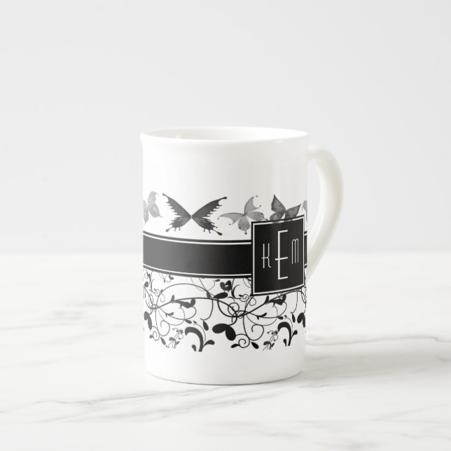 Taza De Porcelana Mariposa victoriana floreciente blanco negro (Derecha)