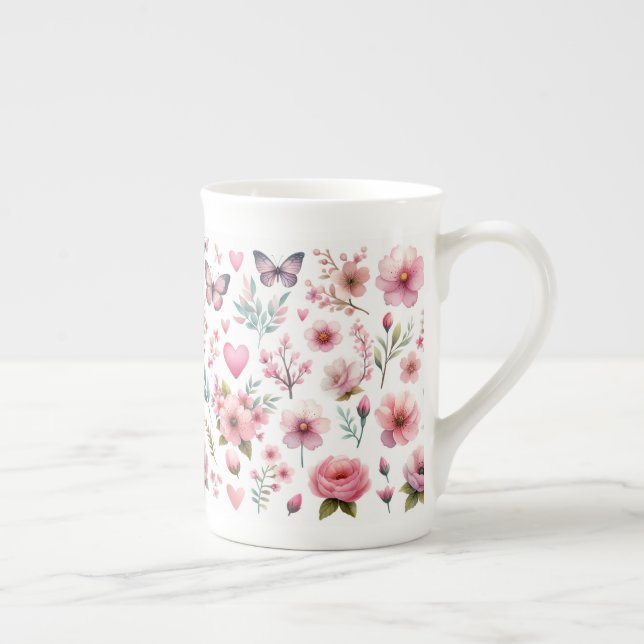Taza De Porcelana Mariposas florales rosadas (Derecha)