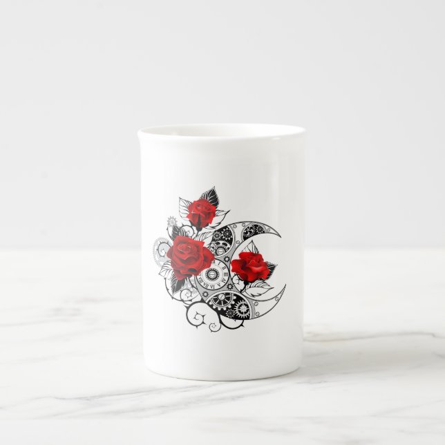 Taza De Porcelana Media luna mecánica con rosas rojas (Frente)