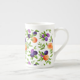 Taza De Porcelana Melocotones Ciruelas Púrpura Fruta Botánica
